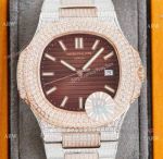 Swiss Replica Iced Out Patek Philippe Nautilus 9015 Ultra-thin Watch 2-Tone Rose Gold Chocolate Dial 40mm